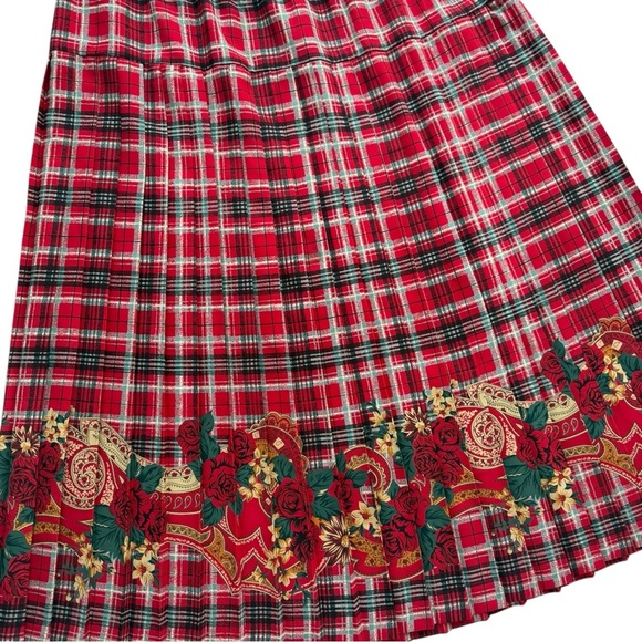 Vtg Tartan Plaid Floral Pleated A-Line Midi Skirt Size 18 Red Union Made 80s - Picture 5 of 8